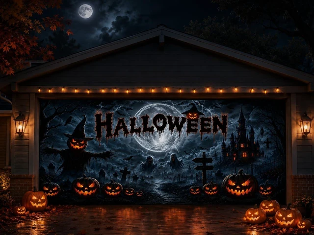 Alt view image 6 of 7 - Halloween Garage Door Decorations Cover 16x7ft, Large Realistic Hanging Cozy Scary Backdrop Decoration Banner for Outdoor Garage Yard Party Photo Background Supplies (Halloween 2)