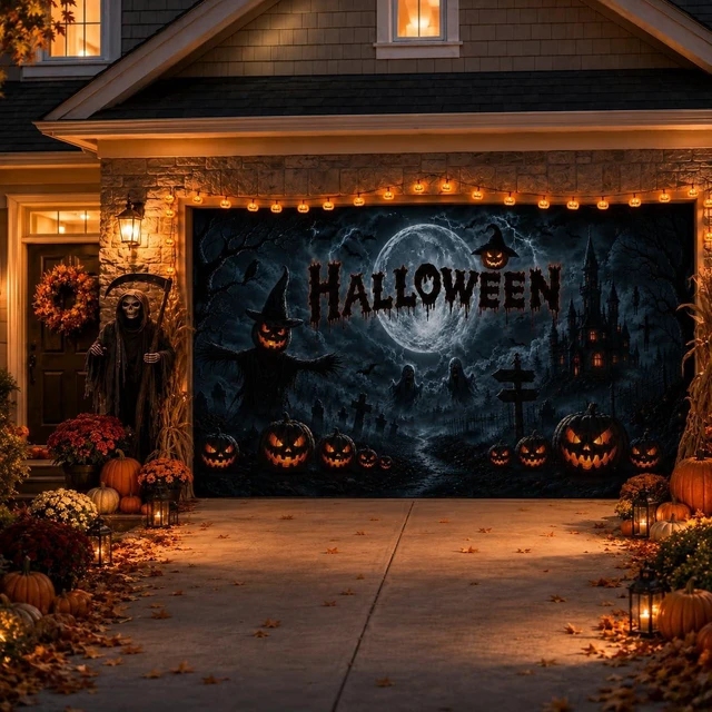 Alt view image 4 of 7 - Halloween Garage Door Decorations Cover 16x7ft, Large Realistic Hanging Cozy Scary Backdrop Decoration Banner for Outdoor Garage Yard Party Photo Background Supplies (Halloween 2)