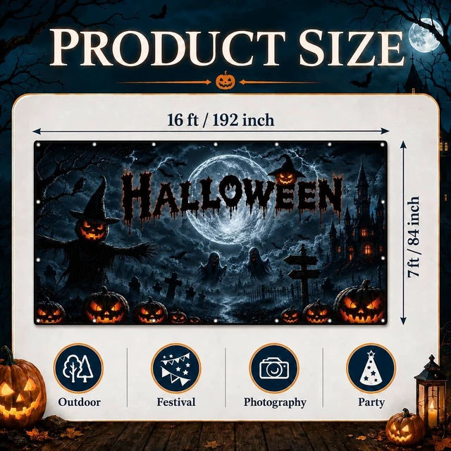 Alt view image 2 of 7 - Halloween Garage Door Decorations Cover 16x7ft, Large Realistic Hanging Cozy Scary Backdrop Decoration Banner for Outdoor Garage Yard Party Photo Background Supplies (Halloween 2)