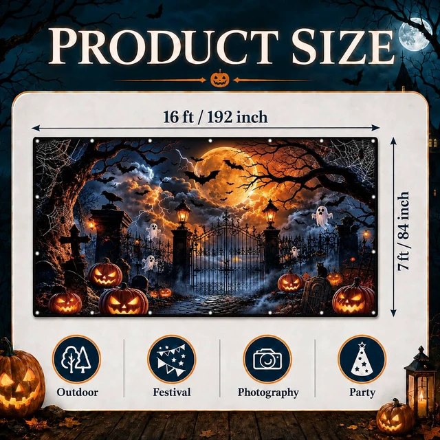 Alt view image 2 of 7 - Halloween Garage Door Decorations Cover 16x7ft, Large Realistic Hanging Cozy Scary Backdrop Decoration Banner for Outdoor Garage Yard Party Photo Background Supplies