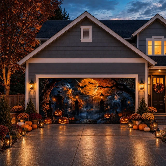 Alt view image 5 of 7 - Halloween Garage Door Decorations Cover 16x7ft, Large Realistic Hanging Cozy Scary Backdrop Decoration Banner for Outdoor Garage Yard Party Photo Background Supplies