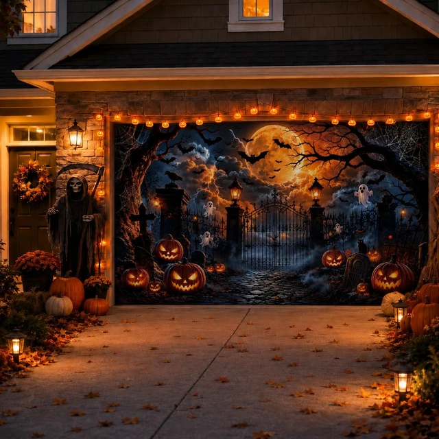 Alt view image 4 of 7 - Halloween Garage Door Decorations Cover 16x7ft, Large Realistic Hanging Cozy Scary Backdrop Decoration Banner for Outdoor Garage Yard Party Photo Background Supplies