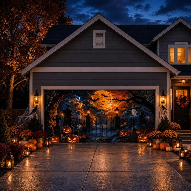 Alt view image 6 of 7 - Halloween Garage Door Decorations Cover 16x7ft, Large Realistic Hanging Cozy Scary Backdrop Decoration Banner for Outdoor Garage Yard Party Photo Background Supplies