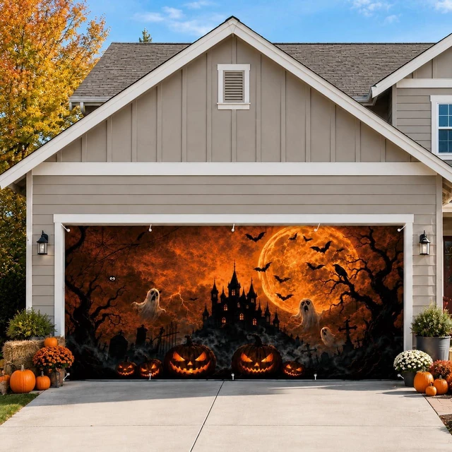 Main image of Halloween Garage Door Decorations Cover 16x7ft, Large Realistic Hanging Cozy Scary Backdrop Decoration Banner for Outdoor Garage Yard Party Photo Background Supplies (Halloween 1)