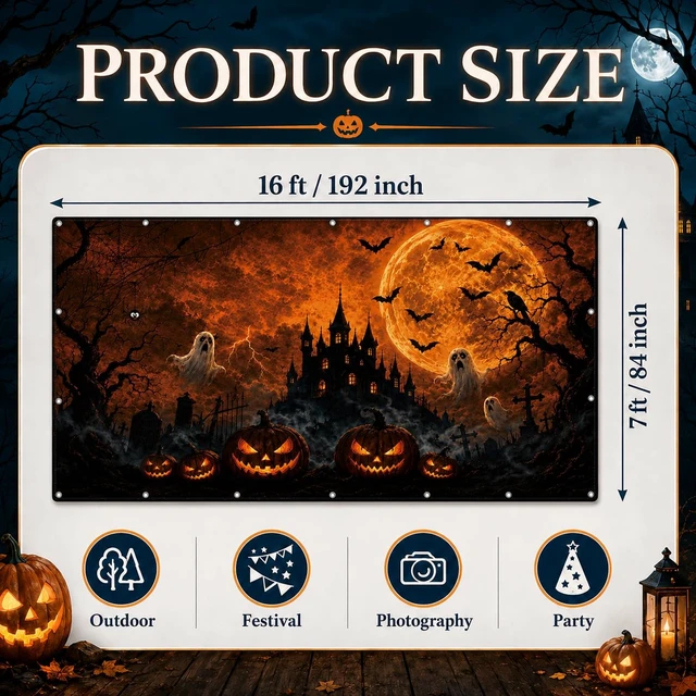 Alt view image 2 of 7 - Halloween Garage Door Decorations Cover 16x7ft, Large Realistic Hanging Cozy Scary Backdrop Decoration Banner for Outdoor Garage Yard Party Photo Background Supplies (Halloween 1)