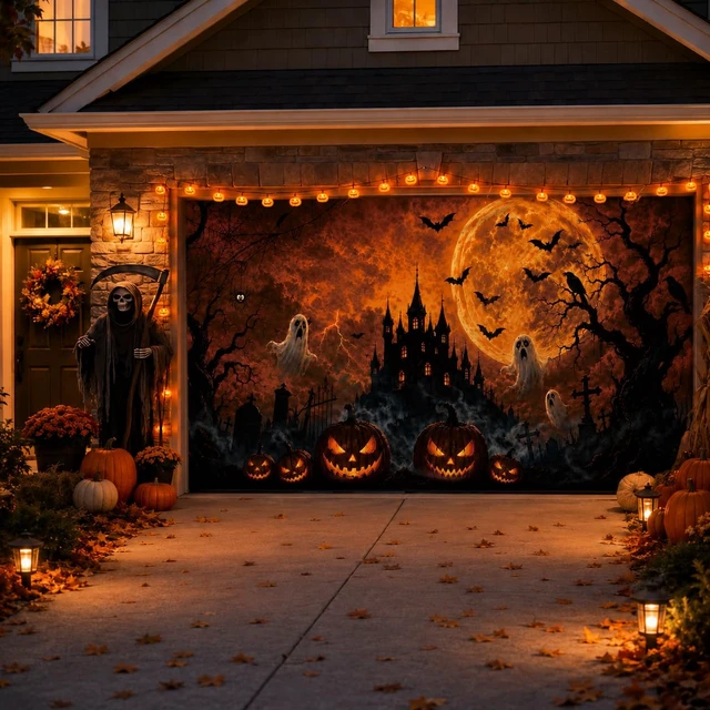 Alt view image 4 of 7 - Halloween Garage Door Decorations Cover 16x7ft, Large Realistic Hanging Cozy Scary Backdrop Decoration Banner for Outdoor Garage Yard Party Photo Background Supplies (Halloween 1)