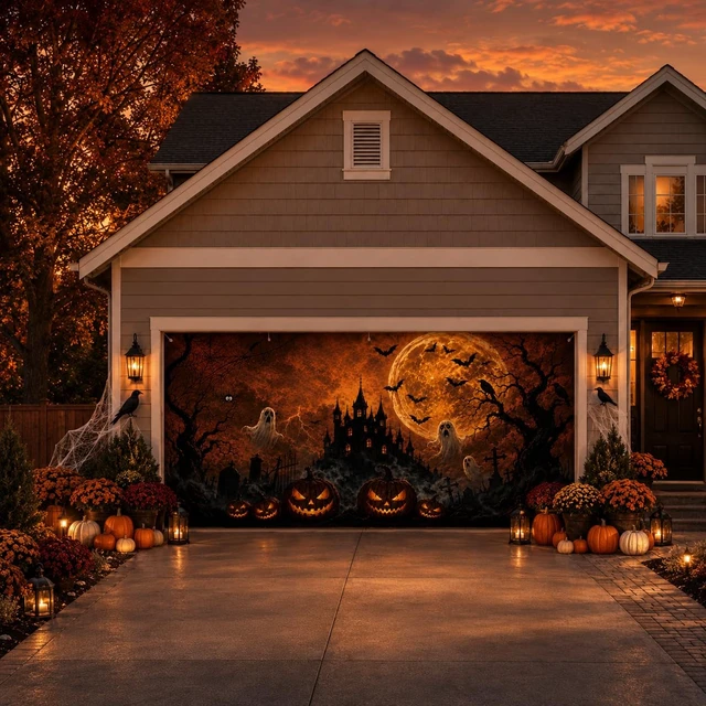 Alt view image 5 of 7 - Halloween Garage Door Decorations Cover 16x7ft, Large Realistic Hanging Cozy Scary Backdrop Decoration Banner for Outdoor Garage Yard Party Photo Background Supplies (Halloween 1)