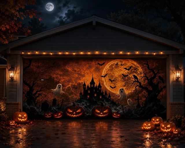 Alt view image 6 of 7 - Halloween Garage Door Decorations Cover 16x7ft, Large Realistic Hanging Cozy Scary Backdrop Decoration Banner for Outdoor Garage Yard Party Photo Background Supplies (Halloween 1)