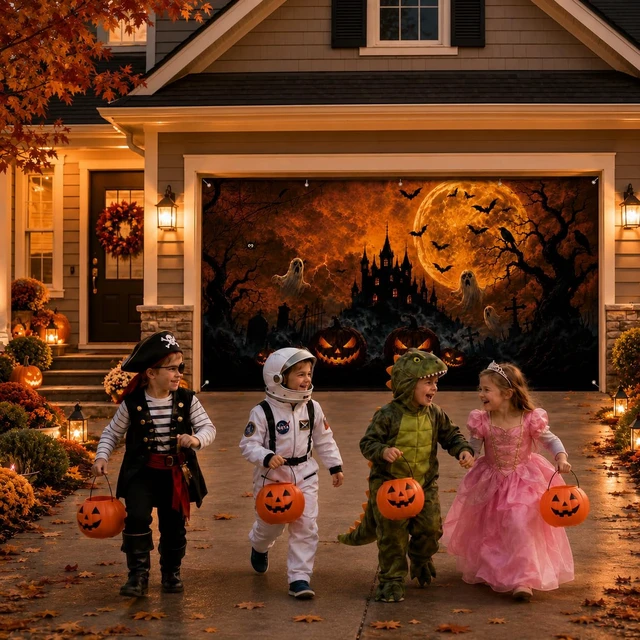 Alt view image 7 of 7 - Halloween Garage Door Decorations Cover 16x7ft, Large Realistic Hanging Cozy Scary Backdrop Decoration Banner for Outdoor Garage Yard Party Photo Background Supplies