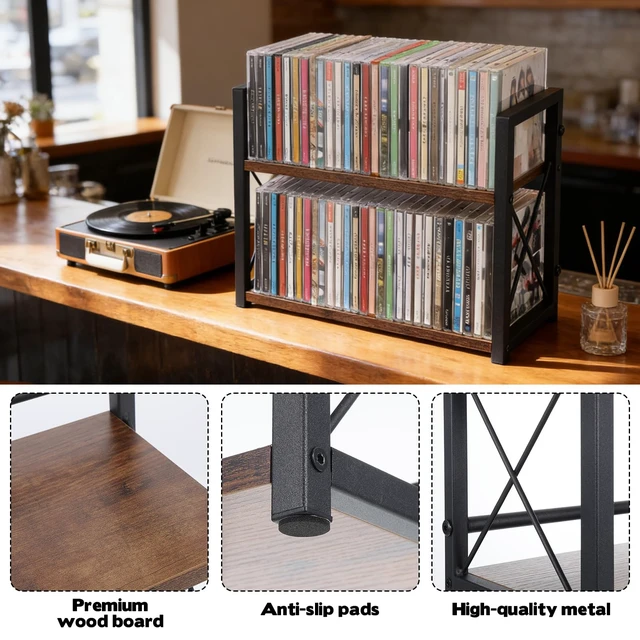 Alt view image 4 of 7 - CD Storage Shelf for Display Wooden Metal CD Holder Desk Rack Organizer Sturdy Game Disc Display CD Organizer for Countertop Storage Media Shelf Home Office Ideal for Music Enthusiasts (Black)