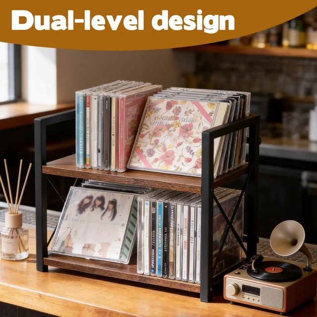 Alt view image 5 of 7 - CD Storage Shelf for Display Wooden Metal CD Holder Desk Rack Organizer Sturdy Game Disc Display CD Organizer for Countertop Storage Media Shelf Home Office Ideal for Music Enthusiasts (Black)