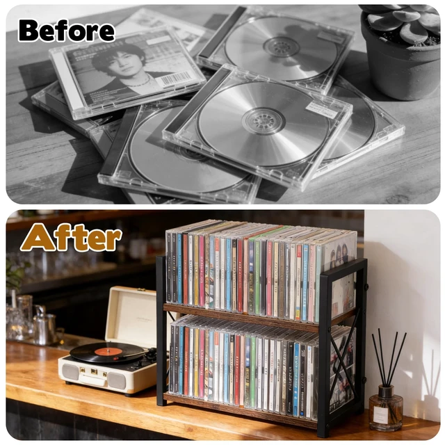 Alt view image 6 of 7 - CD Storage Shelf for Display Wooden Metal CD Holder Desk Rack Organizer Sturdy Game Disc Display CD Organizer for Countertop Storage Media Shelf Home Office Ideal for Music Enthusiasts (Black)