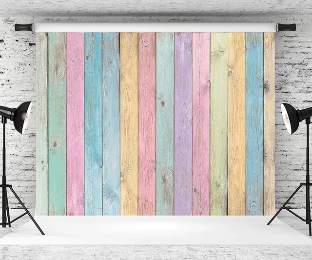 Alt view image 6 of 7 - Colorful Wood Photography Backdrops Easter Pastel Rustic Rainbow Wood Spring Background Girls Boys Kids Baby Portrait Baby Shower Birthday Party Decorations Photo Props (10x8FT)