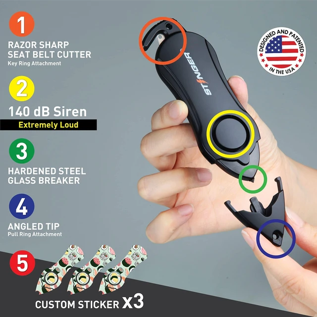 Alt view image 3 of 7 - USA 140dB Siren Personal Safety Alarm Keychain Emergency Tool Sushi Panic Alarm Siren, Seatbelt Cutter, Car Window Breaker, Safety Device for Women Kid