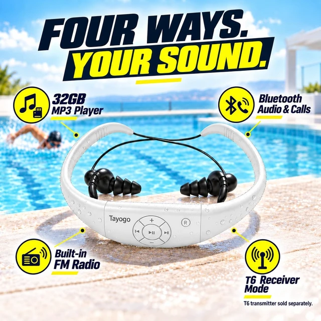 Alt view image 2 of 7 - 4-in-1 Waterproof MP3 Player for Swimming with Bluetooth and FM W18 AquaSound Pro MP3, Bluetooth, FM & T6 Receiver Offline Underwater Music Triple-Flange Ear Tips T6 Sold Separately