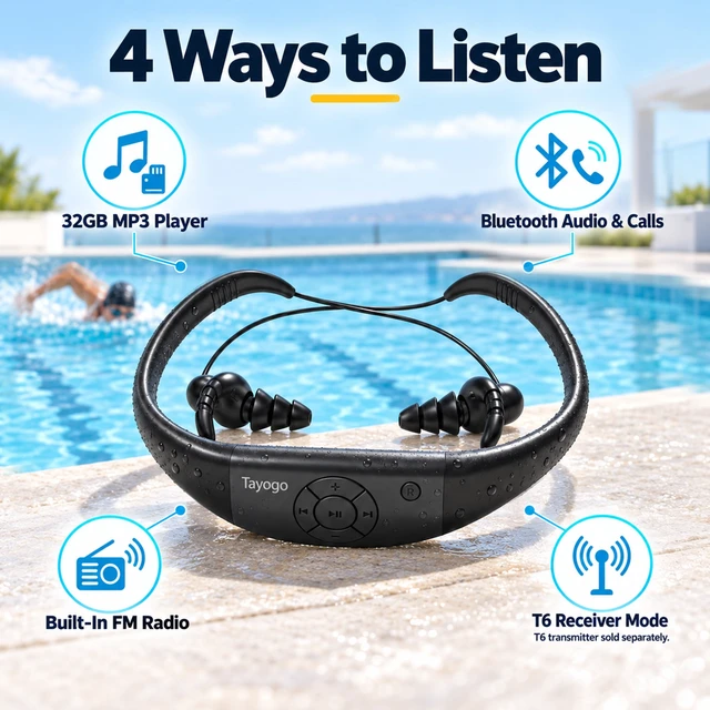 Alt view image 2 of 7 - 4-in-1 Waterproof MP3 Player for Swimming with Bluetooth and FM W18 AquaSound Pro MP3, Bluetooth, FM & T6 Receiver Offline Underwater Music Triple-Flange Ear Tips T6 Sold Separately