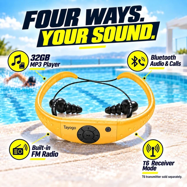 Alt view image 2 of 7 - 4-in-1 Waterproof MP3 Player for Swimming with Bluetooth and FM W18 AquaSound Pro MP3, Bluetooth, FM & T6 Receiver Offline Underwater Music Triple-Flange Ear Tips T6 Sold Separately