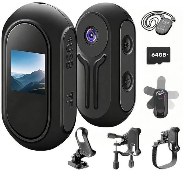 Main image of 1080P Mini Body Camera with Audio Recording, Action Camera with 64GB Card Vlogging Cam Portable Camcorder with 360° Rotatable Clip, Thumb POV Camera for Traveling, Motorcycle, Pet Walking