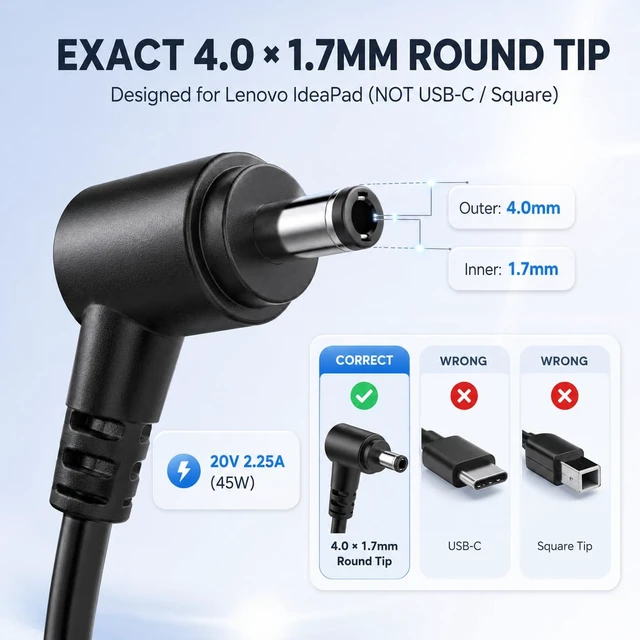 Alt view image 2 of 7 - 45W Laptop Charger for Lenovo IdeaPad Series 20V 2.25A 4.0x1.7mm Round Tip Replacement Power Adapter for Lenovo IdeaPad 1 3 5, 110 110S 120S 130 130S 310 310S 320 320S 330 330S 510 520 710 720 Series