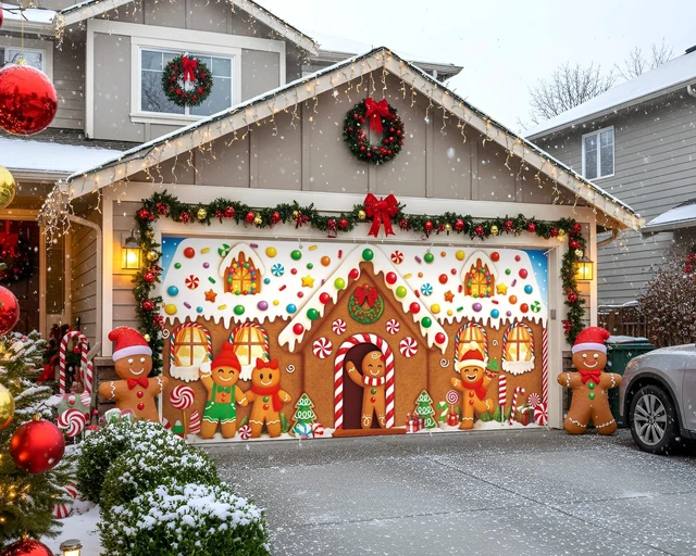 Alt view image 3 of 7 - Christmas Garage Door Banner Decor, 16 x 7 ft, Gingerbread House