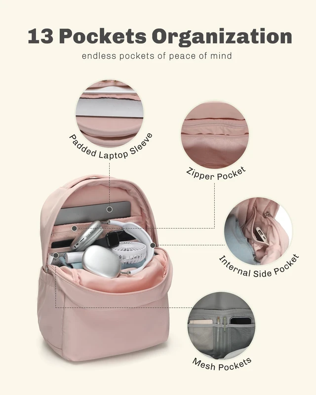 Alt view image 3 of 7 - Laptop Backpack for Women 15.6 Inch Work Travel College Bag Fits 15.6 Inch Laptop, Water Repellent Lightweight Nylon, Nurse Teacher Student Commute Gym, Bookbag Purse, Pink 18L