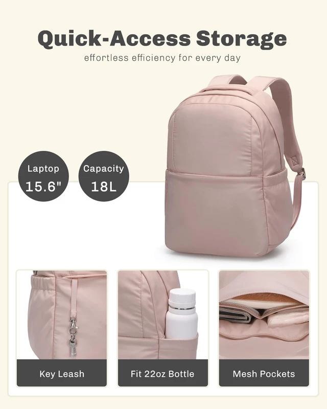 Alt view image 4 of 7 - Laptop Backpack for Women 15.6 Inch Work Travel College Bag Fits 15.6 Inch Laptop, Water Repellent Lightweight Nylon, Nurse Teacher Student Commute Gym, Bookbag Purse, Pink 18L