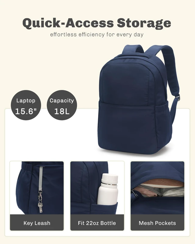 Alt view image 3 of 7 - Laptop Backpack for Women 15.6 Inch Work Travel College Bag Fits 15.6 Inch Laptop, Water Repellent Lightweight Nylon, Nurse Teacher Student Commute Gym, Bookbag Purse, Navy 18L