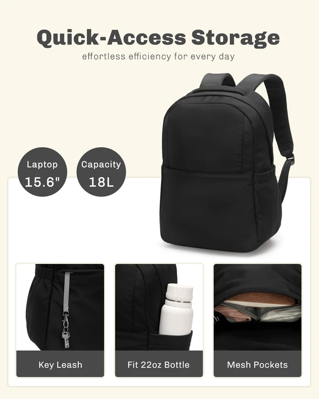 Alt view image 3 of 7 - Laptop Backpack for Women 15.6 Inch Work Travel College Bag Fits 15.6 Inch Laptop, Water Repellent Lightweight Nylon, Nurse Teacher Student Commute Gym, Bookbag Purse, Black 18L