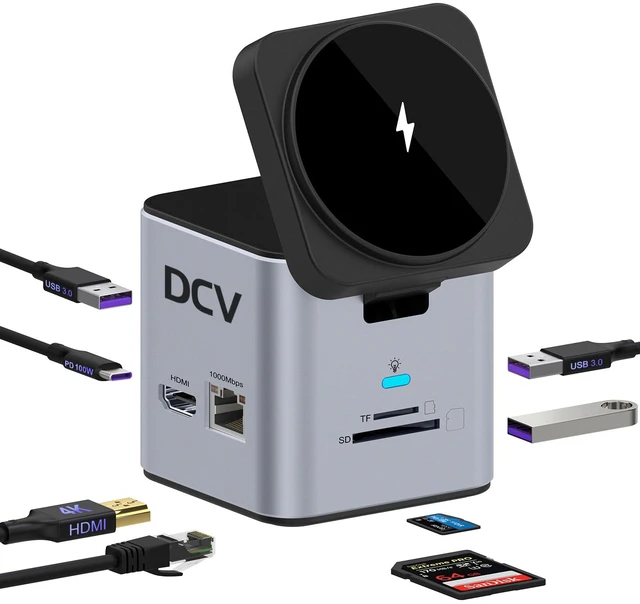 Main image of USB C Laptop Docking Station, 9 in 1 Hub with MagSafe Charger, Silver Gray USB C Hub Multiport Adapter,4K HDMI, 1Gbps Ethernet,3 USB 3.0, SD/TF,for MacBook/Dell/HP/Lenovo/iPhone, MagSafe Charger Stand