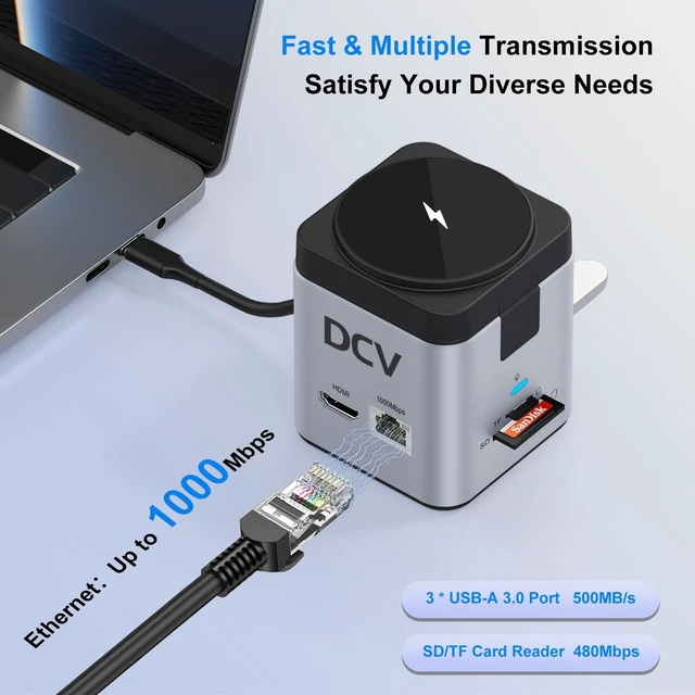 Alt view image 4 of 7 - USB C Laptop Docking Station, 9 in 1 Hub with MagSafe Charger, Silver Gray USB C Hub Multiport Adapter,4K HDMI, 1Gbps Ethernet,3 USB 3.0, SD/TF,for MacBook/Dell/HP/Lenovo/iPhone, MagSafe Charger Stand