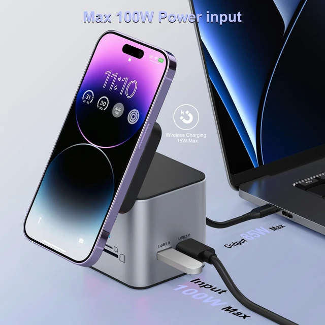 Alt view image 5 of 7 - USB C Laptop Docking Station, 9 in 1 Hub with MagSafe Charger, Silver Gray USB C Hub Multiport Adapter,4K HDMI, 1Gbps Ethernet,3 USB 3.0, SD/TF,for MacBook/Dell/HP/Lenovo/iPhone, MagSafe Charger Stand