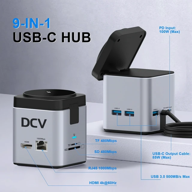 Alt view image 6 of 7 - USB C Laptop Docking Station, 9 in 1 Hub with MagSafe Charger, Silver Gray USB C Hub Multiport Adapter,4K HDMI, 1Gbps Ethernet,3 USB 3.0, SD/TF,for MacBook/Dell/HP/Lenovo/iPhone, MagSafe Charger Stand