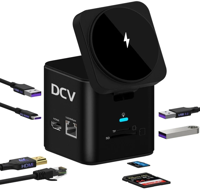 Main image of USB C Laptop Docking Station, 9 in 1 Hub with MagSafe Charger Stand, Black USB C Hub Multiport Adapter,4K HDMI, 1Gbps Ethernet,3 USB 3.0, SD/TF,for MacBook/Dell/HP/Lenovo/iPhone, MagSafe Charger Stand