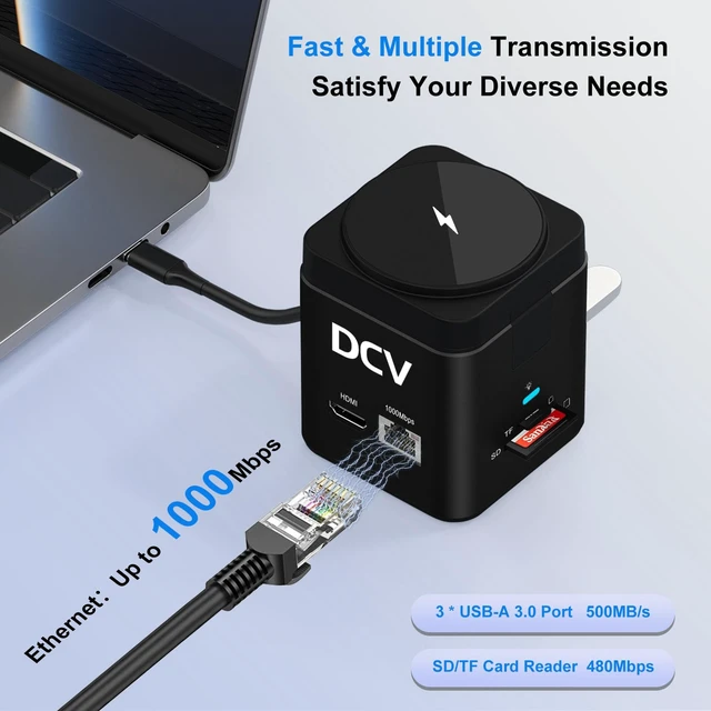 Alt view image 4 of 7 - USB C Laptop Docking Station, 9 in 1 Hub with MagSafe Charger Stand, Black USB C Hub Multiport Adapter,4K HDMI, 1Gbps Ethernet,3 USB 3.0, SD/TF,for MacBook/Dell/HP/Lenovo/iPhone, MagSafe Charger Stand