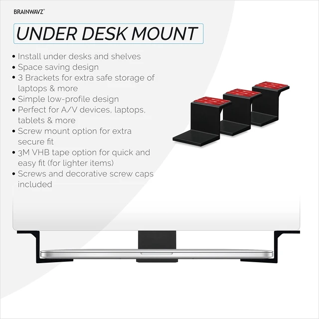 Alt view image 7 of 7 - Adhesive Under Desk Laptop Holder Mount, Upto 1.9 / 48mm Thick, For Laptops Macbook Routers Surface iPads Tablets & More, Screw-In & Stick-On