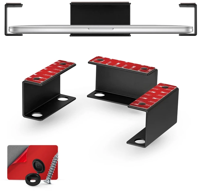 Main image of Under Desk Laptop Holder Mount For Desk, Adhesive & Screw In, Devices upto 1.5" Thick like Macbooks, Surface, Keyboard, Routers, Modems, Cable Box, Network Switch & More (Metal Black) By