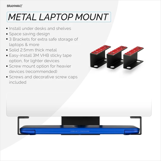 Alt view image 3 of 7 - Under Desk Laptop Holder Mount For Desk, Adhesive & Screw In, Devices upto 1.5" Thick like Macbooks, Surface, Keyboard, Routers, Modems, Cable Box, Network Switch & More (Metal Black) By