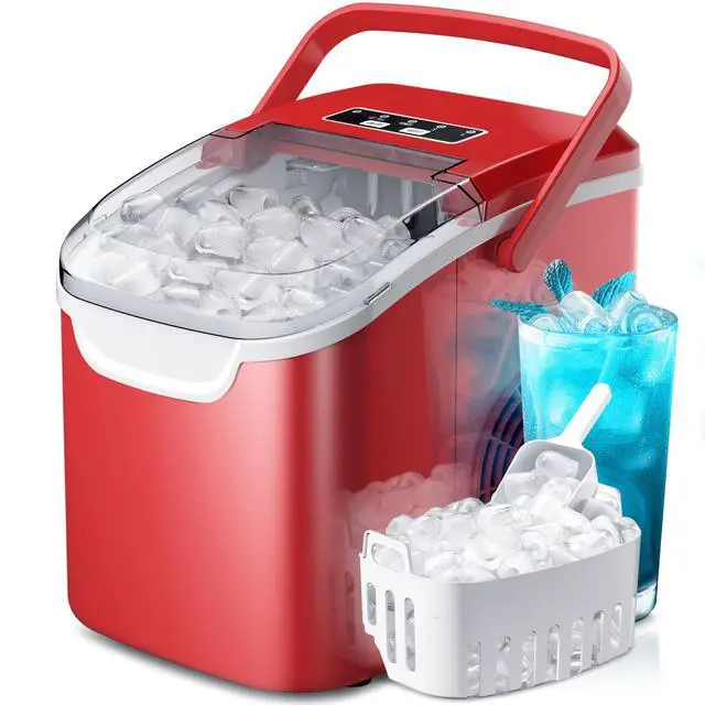 Main image of Countertop Ice Maker, 26Lbs/24H, 2 Sizes of Ice, Self-Cleaning,Red | 8 Bullet-Shaped Ice Cubes Ready in 6 Mins,Portable Ice Machine with Ice Scoop and Basket for Home/Kitchen/Party