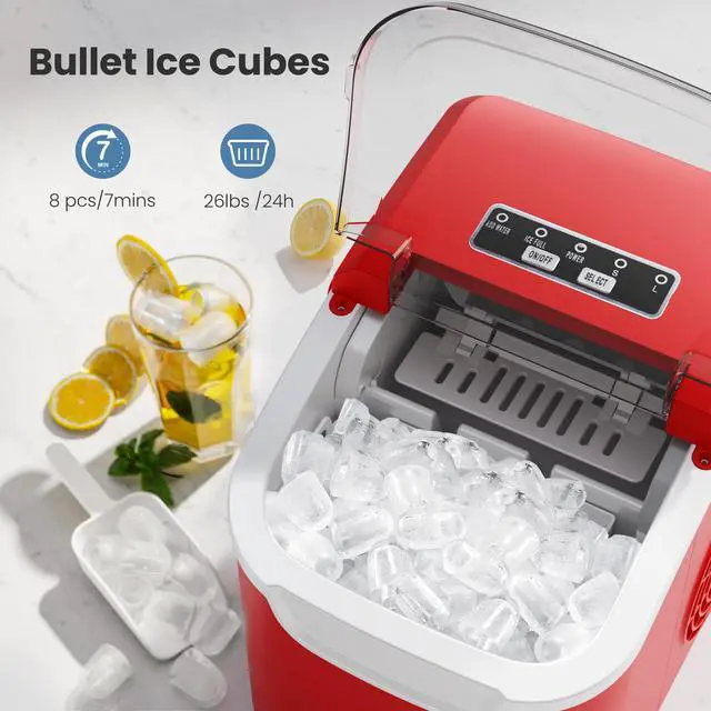 Alt view image 2 of 6 - Countertop Ice Maker, 26Lbs/24H, 2 Sizes of Ice, Self-Cleaning,Red | 8 Bullet-Shaped Ice Cubes Ready in 6 Mins,Portable Ice Machine with Ice Scoop and Basket for Home/Kitchen/Party