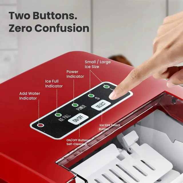 Alt view image 4 of 6 - Countertop Ice Maker, 26Lbs/24H, 2 Sizes of Ice, Self-Cleaning,Red | 8 Bullet-Shaped Ice Cubes Ready in 6 Mins,Portable Ice Machine with Ice Scoop and Basket for Home/Kitchen/Party