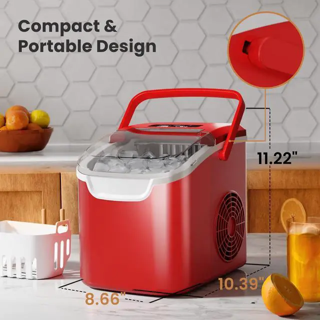 Alt view image 6 of 6 - Countertop Ice Maker, 26Lbs/24H, 2 Sizes of Ice, Self-Cleaning,Red | 8 Bullet-Shaped Ice Cubes Ready in 6 Mins,Portable Ice Machine with Ice Scoop and Basket for Home/Kitchen/Party
