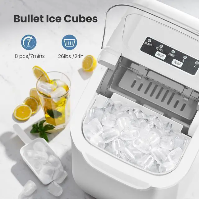 Alt view image 2 of 6 - Countertop Ice Maker, 26Lbs/24H,2 Sizes of Ice, Self-Cleaning,White | 8 Bullet Ice Cubes in 6 Mins,Portable Ice Machine for Home&Kitchen&Office&Party