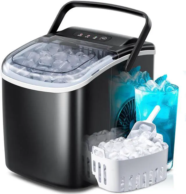 Main image of Countertop Ice Maker,Ready in 6 Mins, 26Lbs/24H,Self-Cleaning,Black | 9 Bullet-Shaped Ice Cubes,Portable Ice Maker Machine with Handle for Home/Kitchen/Party