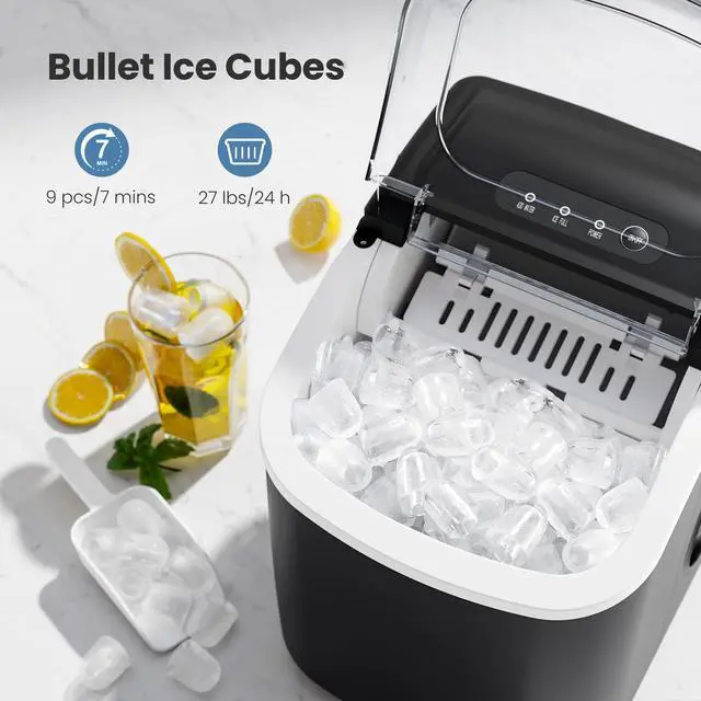 Alt view image 2 of 6 - Countertop Ice Maker,Ready in 6 Mins, 26Lbs/24H,Self-Cleaning,Black | 9 Bullet-Shaped Ice Cubes,Portable Ice Maker Machine with Handle for Home/Kitchen/Party