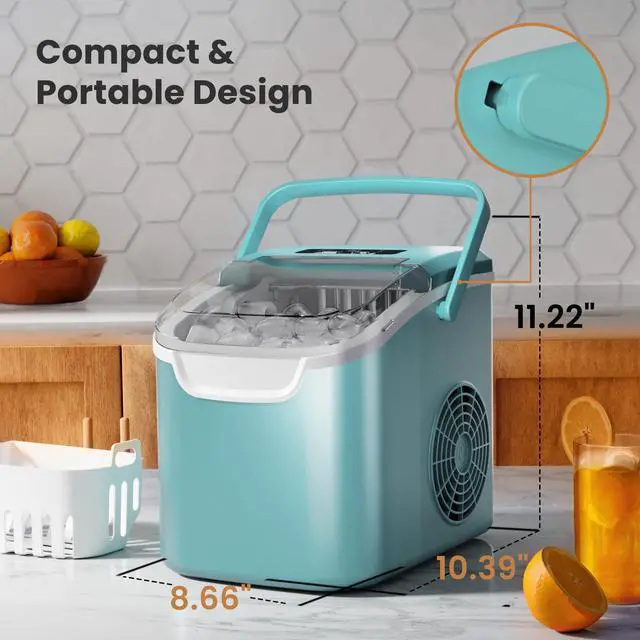 Alt view image 6 of 6 - Countertop Ice Maker, 26Lbs/24H, 2 Sizes of Ice, Self-Cleaning,Green | 8 Bullet Ice Cubes in 6 Mins,Portable Ice Machine for Home&Kitchen&Office&Party