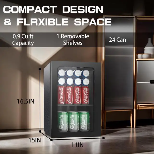 Alt view image 2 of 6 - 0.6 Cu Ft Mini Fridge, 24 Cans Freestanding Beverage Refrigerator | Adjustable Shelf & Temperature Control Under Counter Compact Small Refrigerator with Acrylic Front Door for Soda, Beer, Wine