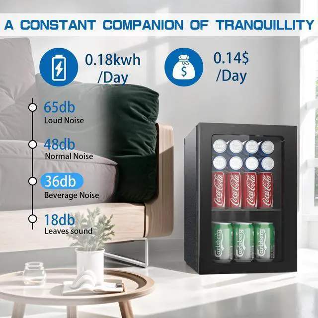 Alt view image 4 of 6 - 0.6 Cu Ft Mini Fridge, 24 Cans Freestanding Beverage Refrigerator | Adjustable Shelf & Temperature Control Under Counter Compact Small Refrigerator with Acrylic Front Door for Soda, Beer, Wine