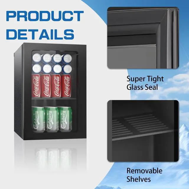 Alt view image 2 of 6 - Compact Beverage Refrigerator, 24 Can/0.6 Cu Ft Mini Fridge, Black | Adjustable Shelf Small Refrigerator with Acrylic Front Door for Soda/Beer/Wine, Under Counter Freestanding Mini Cooler forBar