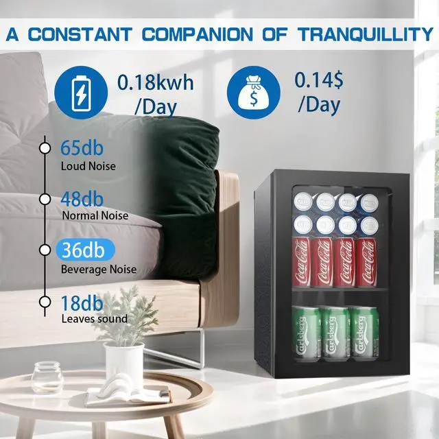 Alt view image 3 of 6 - Compact Beverage Refrigerator, 24 Can/0.6 Cu Ft Mini Fridge, Black | Adjustable Shelf Small Refrigerator with Acrylic Front Door for Soda/Beer/Wine, Under Counter Freestanding Mini Cooler forBar