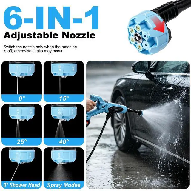 Alt view image 3 of 6 - Cordless Portable Washer 21V, 1700PSI Portable Power Washer with 5M Hose & 6-in-1 Nozzle, 2×3.0Ah Battery, Up to 40 Minutes Runtime, Spray Distance 12M for Car Home Outdoor Patio Garden